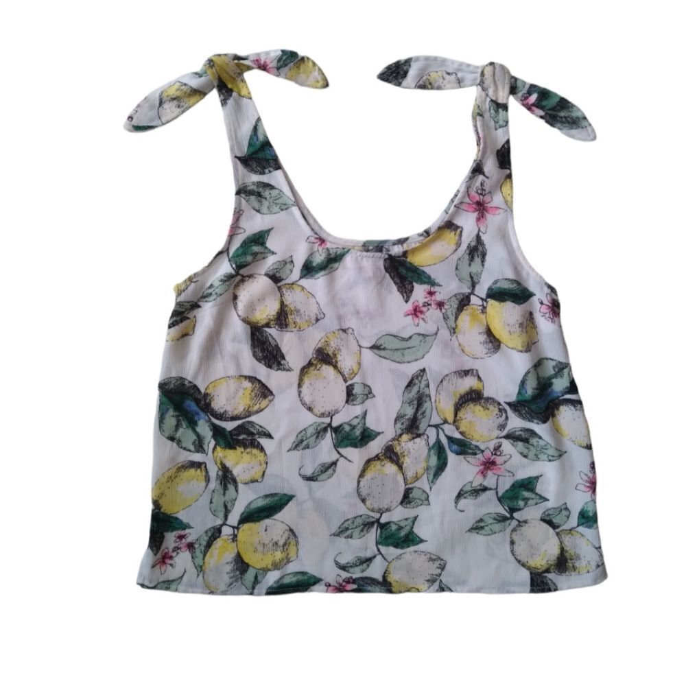 SO Juniors Ivory White All Over Lemon Print Tie Shoulder Sleeveless Top Medium